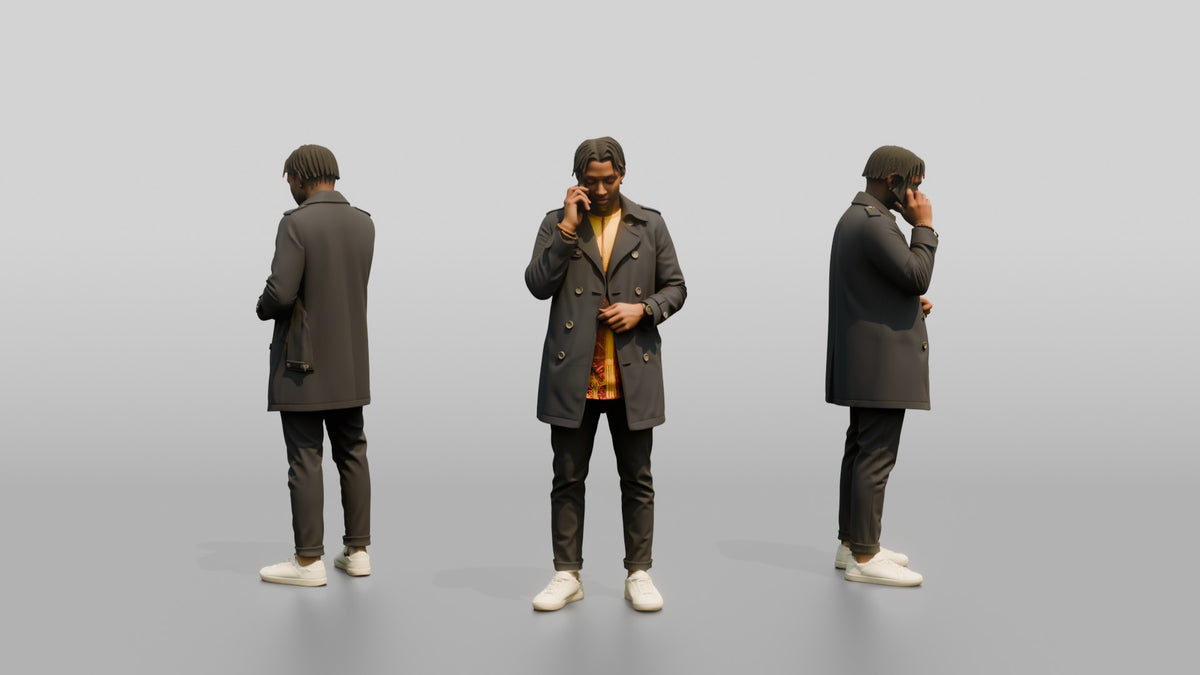 Stylish African Man in a Trench Coat on His Phone - 3D character model