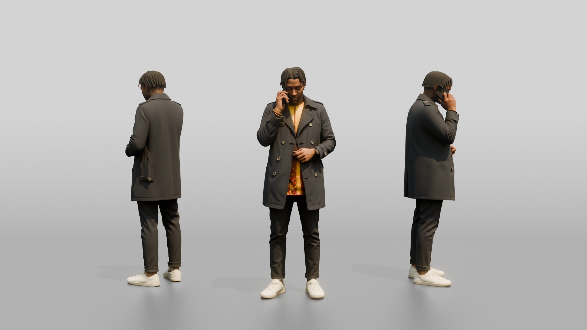Stylish African Man in a Trench Coat on His Phone