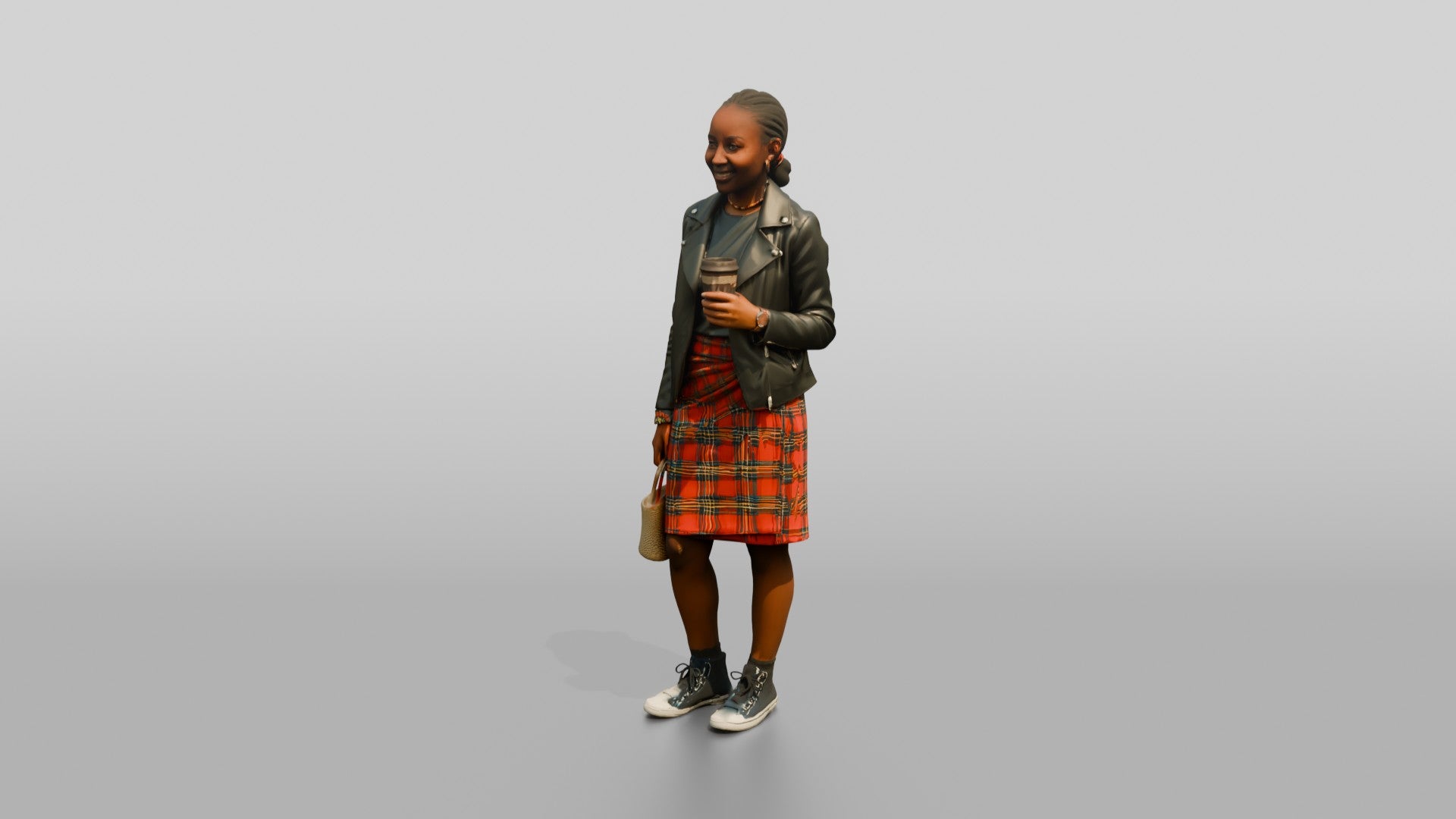 Young African Woman in Leather Jacket and Plaid Skirt