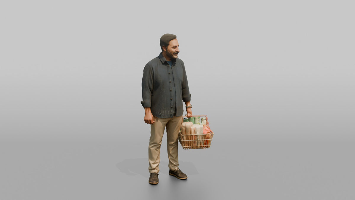 Man Customer Standing With A Full Shopping Basket - 3D character model, view 2
