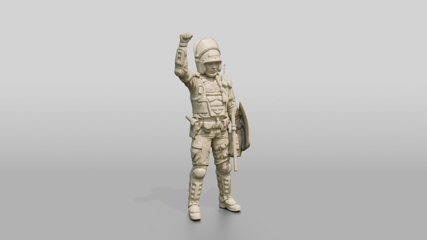 Riot Police Officer with Raised Fist and Shield