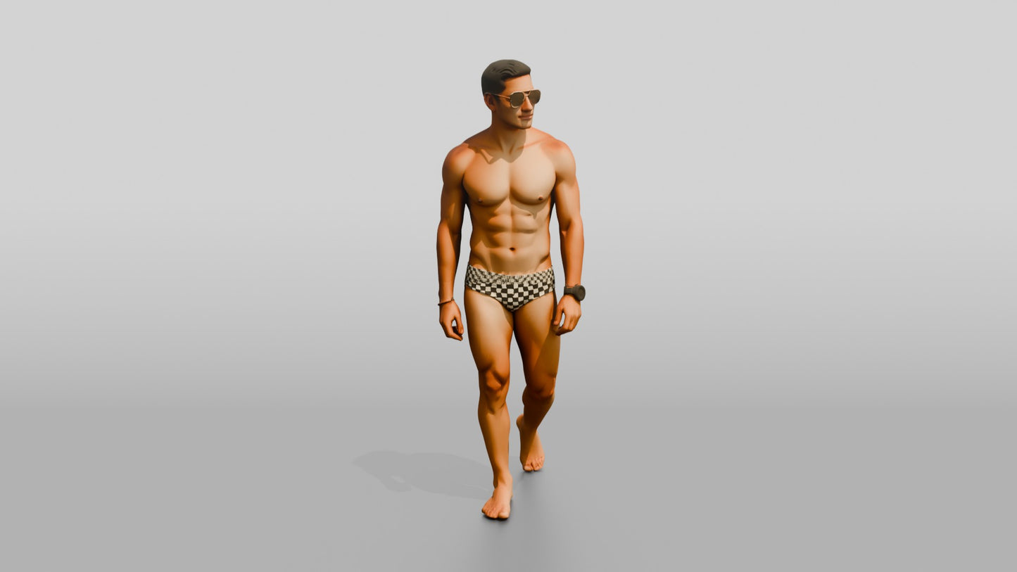 Latino Beach Athlete in Checkerboard Swim Brief