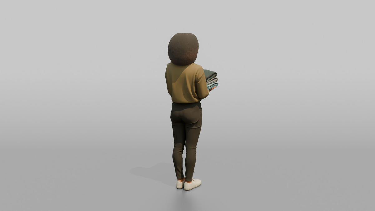 Woman Customer Holding A Folded Stack Of Clothes - 3D character model, view 3