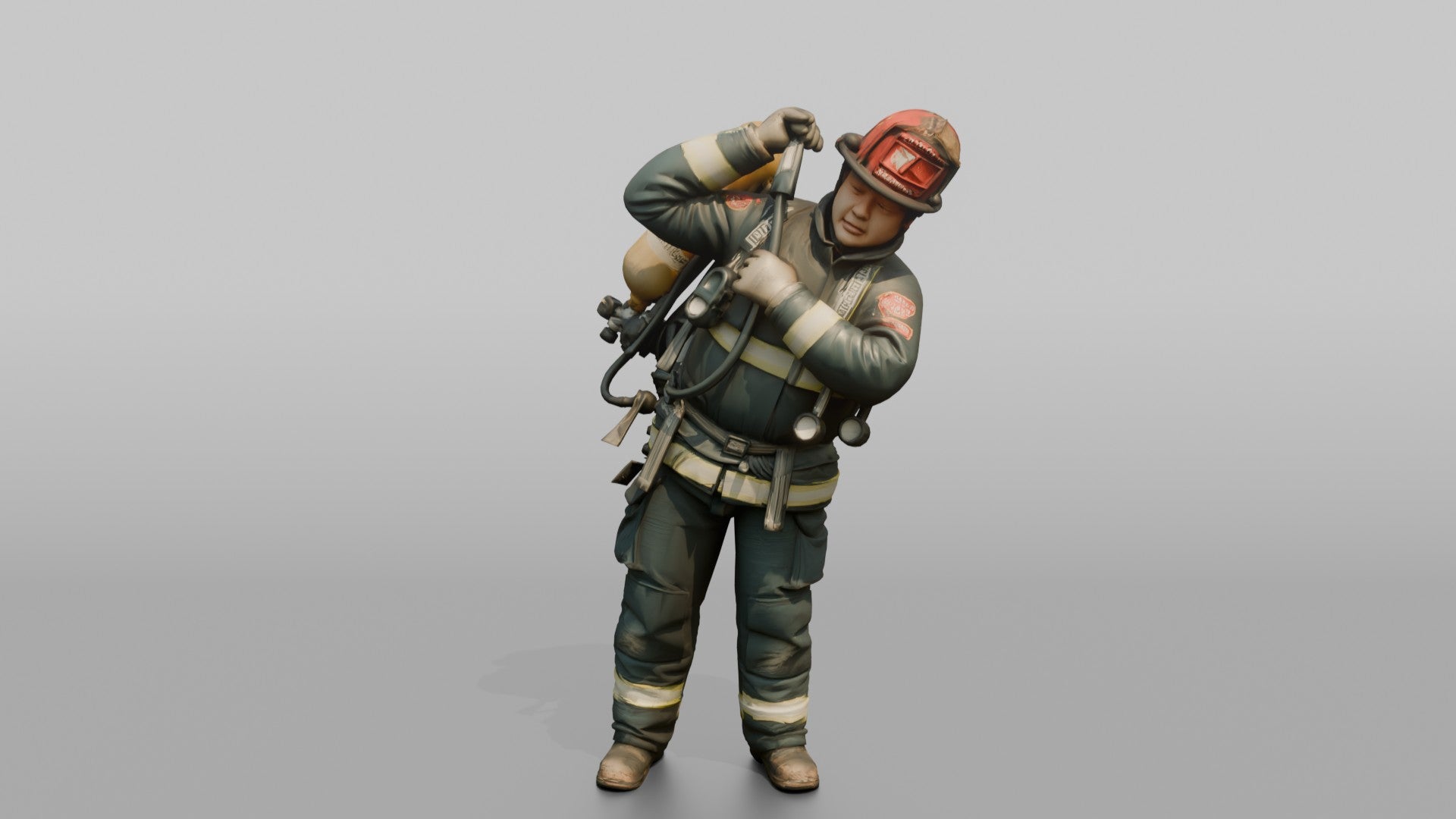Firefighter Man Hoisting an SCBA Tank Onto His Back