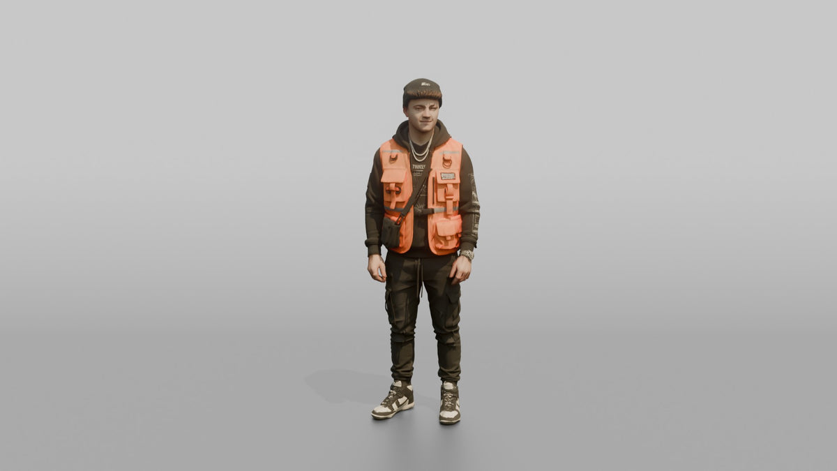 Patron Man Wearing A Bright Utility Vest Over Urban Streetwear, Confident Pose - 3D character model, view 5