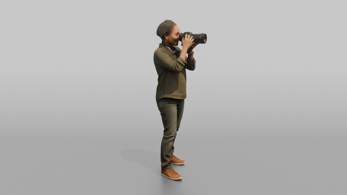 Mother Holding A Camera Up, Framing A Shot - 3D character model, view 2