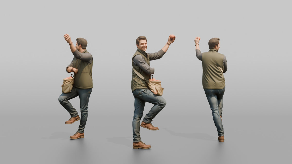 Farmer Picking Ripe Peaches From Tall Branch - 3D character model