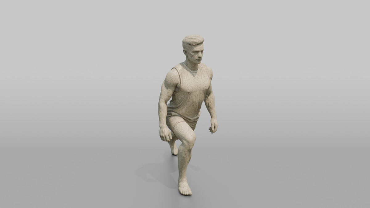Fitness Influencer Man In A Low Lunge Position - wireframe topology preview