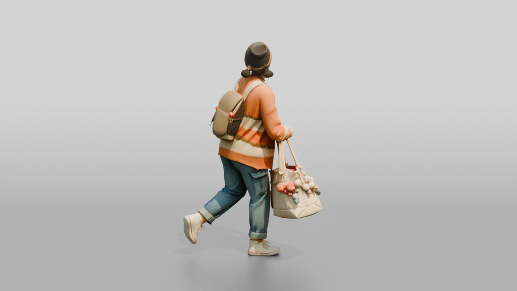 Asian Woman Carrying Overflowing Tote Bag