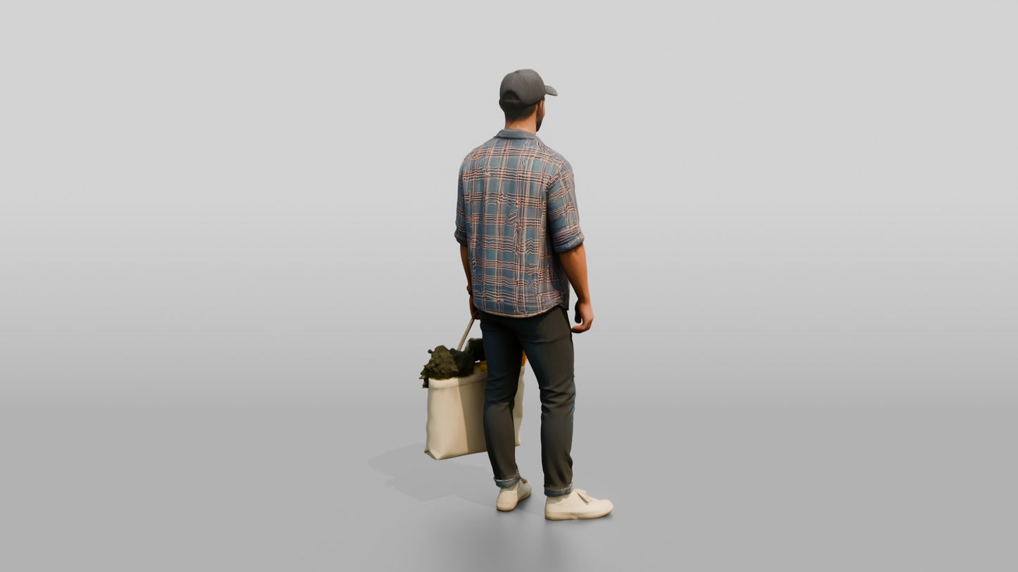Caucasian Man in Flannel Shirt with Grocery Bag