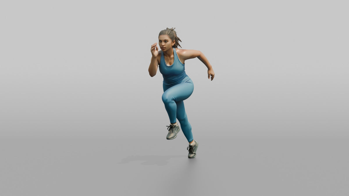 Cardio Athlete Woman In A Sprinting Stance, Leaning Forward - 3D character model, view 2