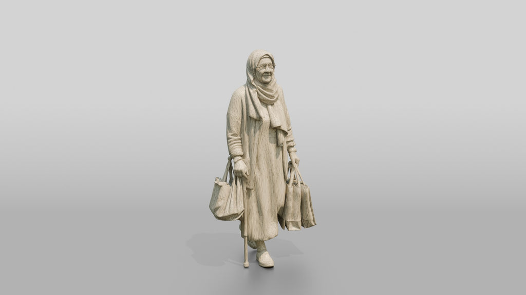 Elderly Slender Syrian Woman in Hijab Carrying Shopping Bags