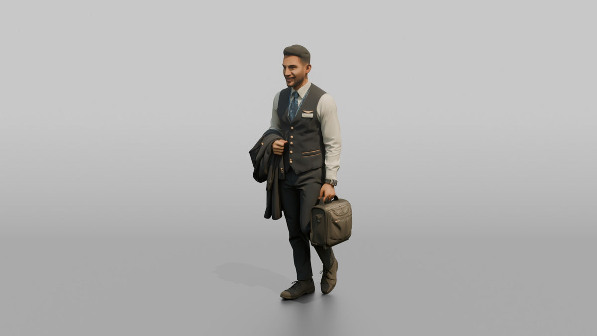 Black Co-Pilot Holding a Flight Bag - 3D character model, view 4