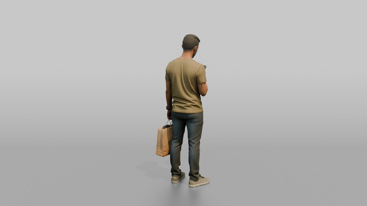 Man Customer Checking His Phone While Holding A Shopping Bag - 3D character model, view 3