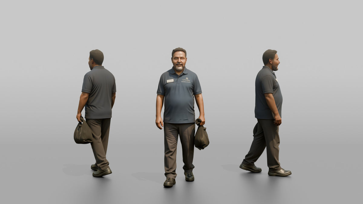 Housekeeping Staff Woman Carrying A Small Trash Bag - 3D character model, view 1