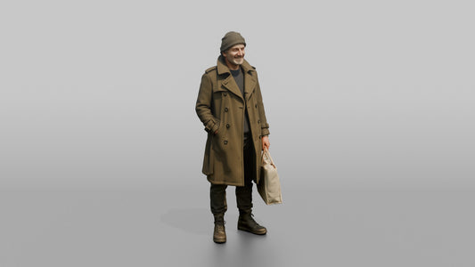 British Man Standing in a Winter Trench Coat - 3D character model, view 1