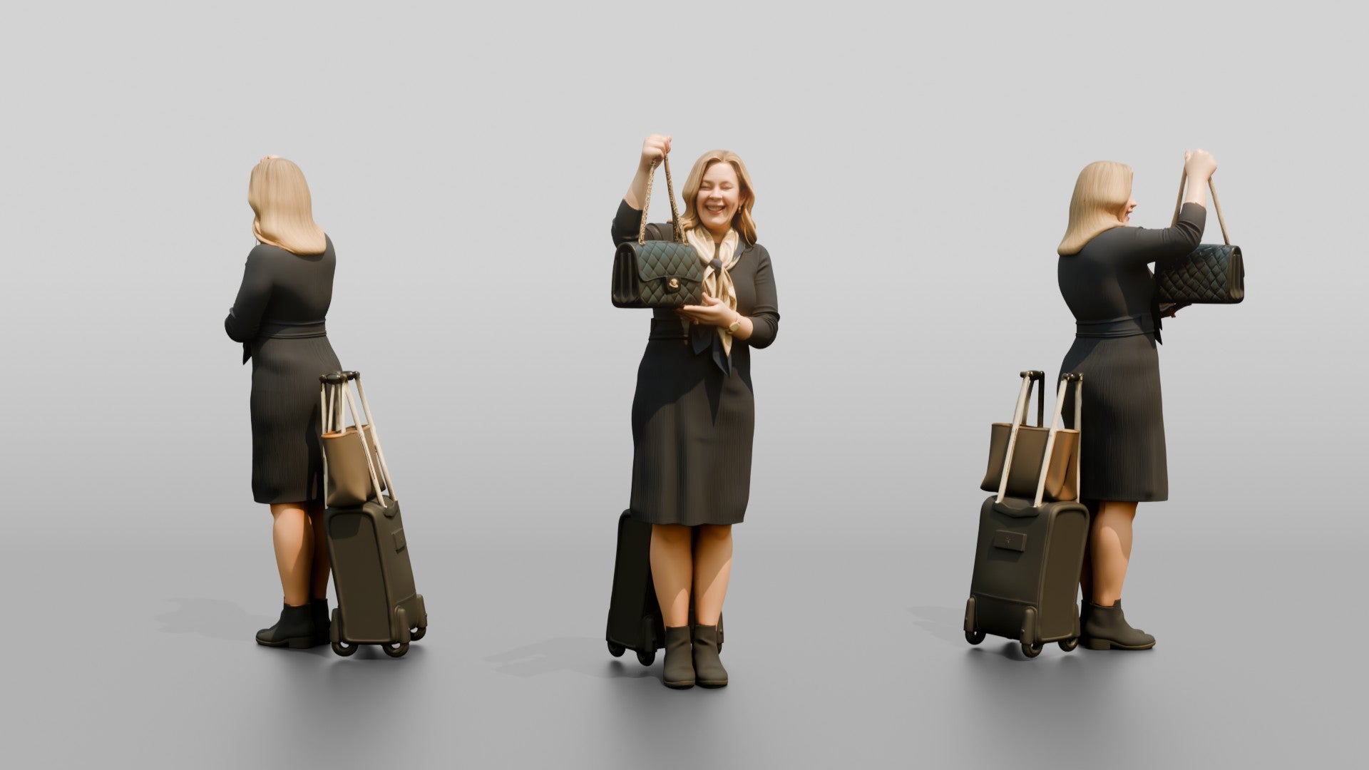 Plus-Size Blonde Woman in Black Dress with Rolling Suitcase