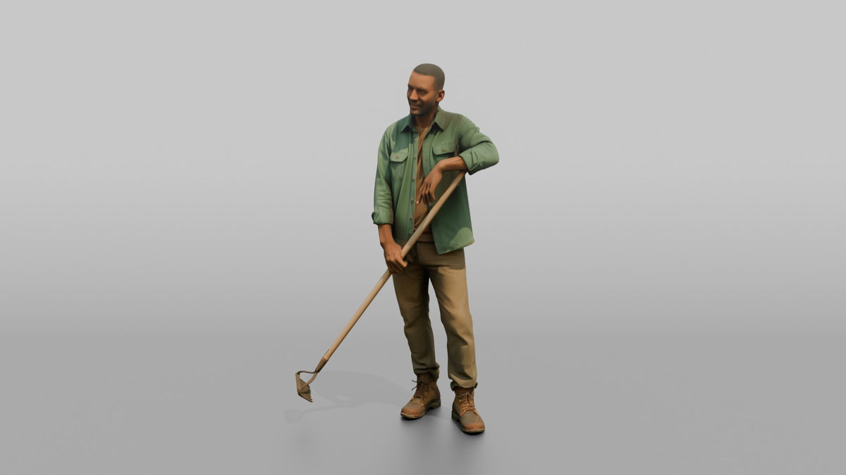 Father Holding A Garden Rake, Leaning On It Slightly - 3D character model, view 4