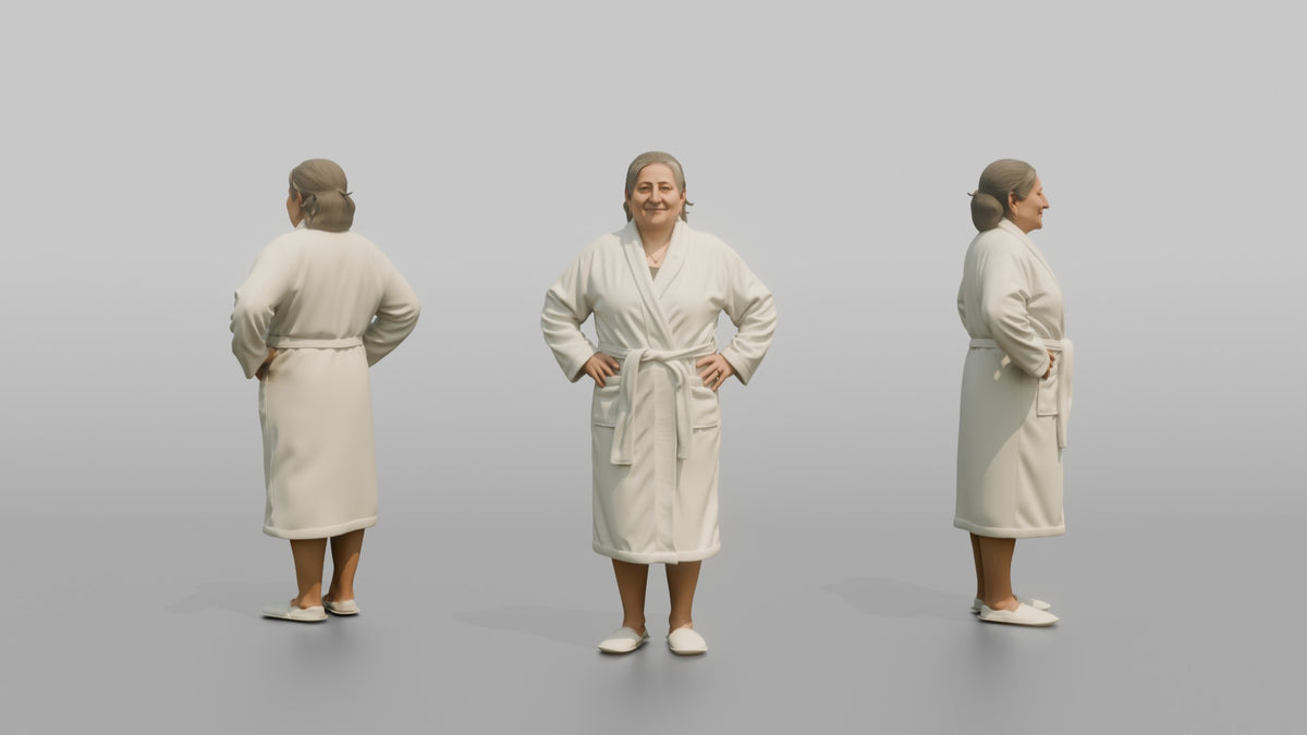Spa Client Woman Standing Looking Relaxed, Hands Resting On Hips, Robe On - 3D character model, view 1
