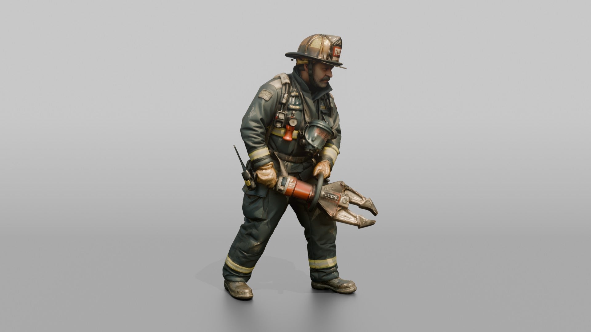 Firefighter Man Leaning Forward While Carrying Rescue Cutters