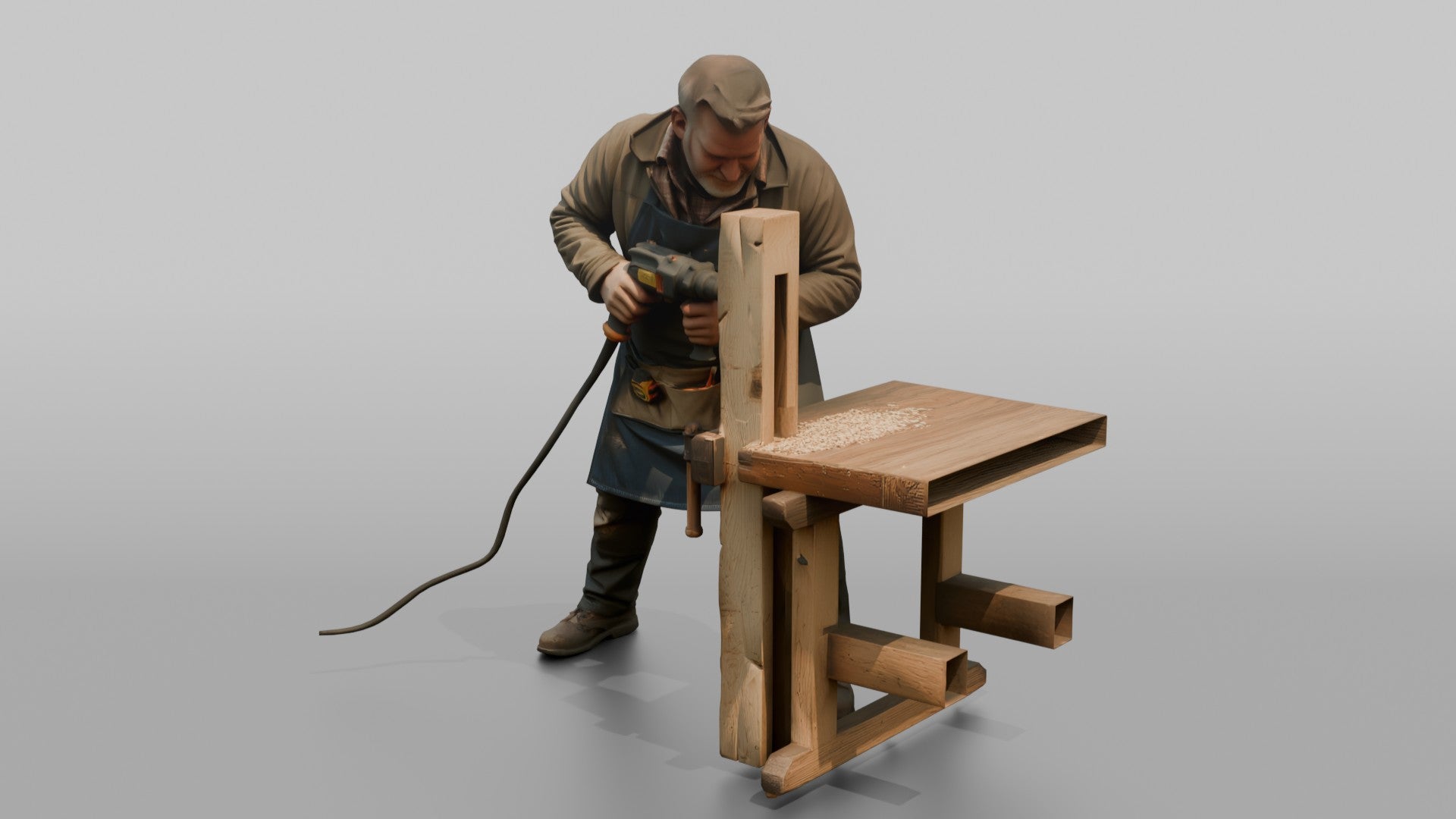 Farmer Drilling Hole Into Fence Timber Post