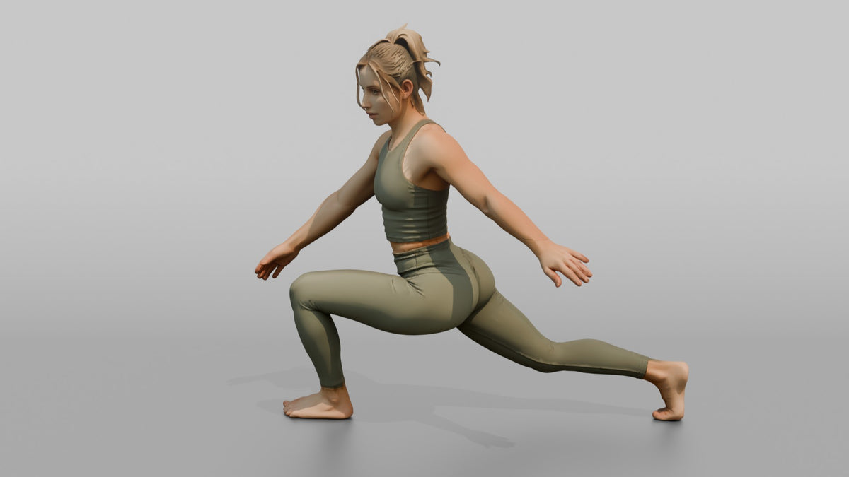 Fitness Influencer Woman In A Low Lunge Position - 3D character model, view 4