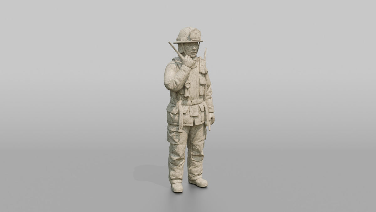 Firefighter Woman Speaking Into a Shoulder Walkie-talkie - wireframe topology preview
