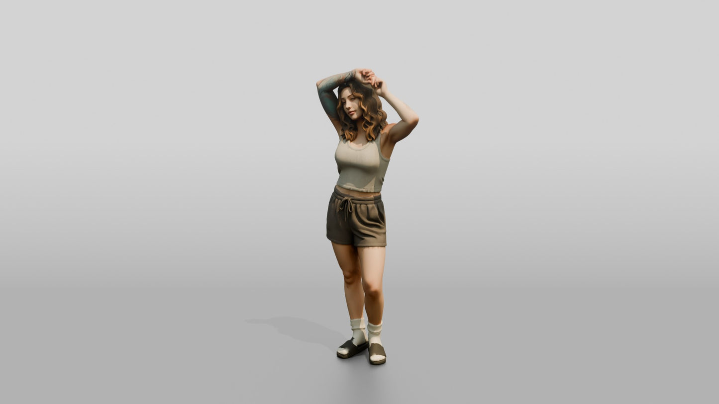 Woman Running Hands Through Wavy Hair in Cream Outfit