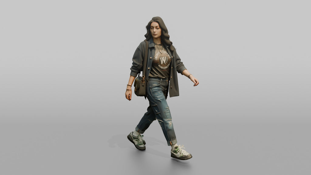 Young Woman in Dark Jacket Walking with Crossbody Bag