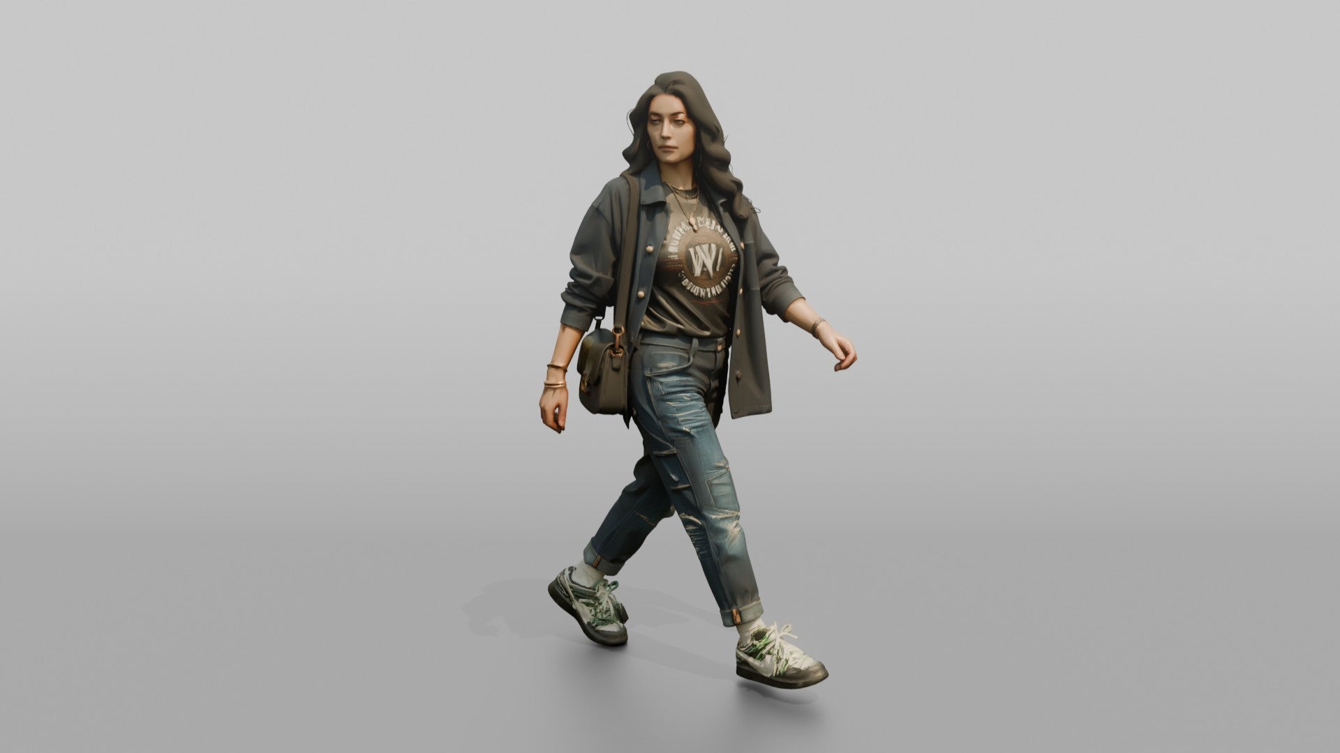 Young Woman in Dark Jacket Walking with Crossbody Bag
