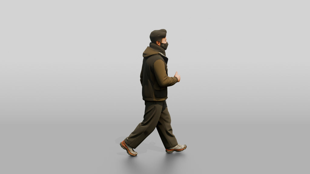 Techwear Man Walking in Layered Jacket