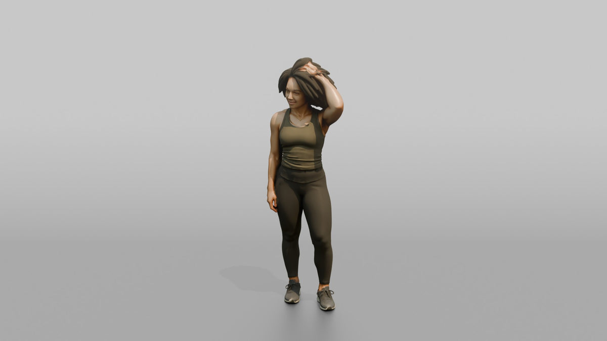 Physique Model Woman Standing With One Hand Through The Hair, Confident Pose - 3D character model, view 4
