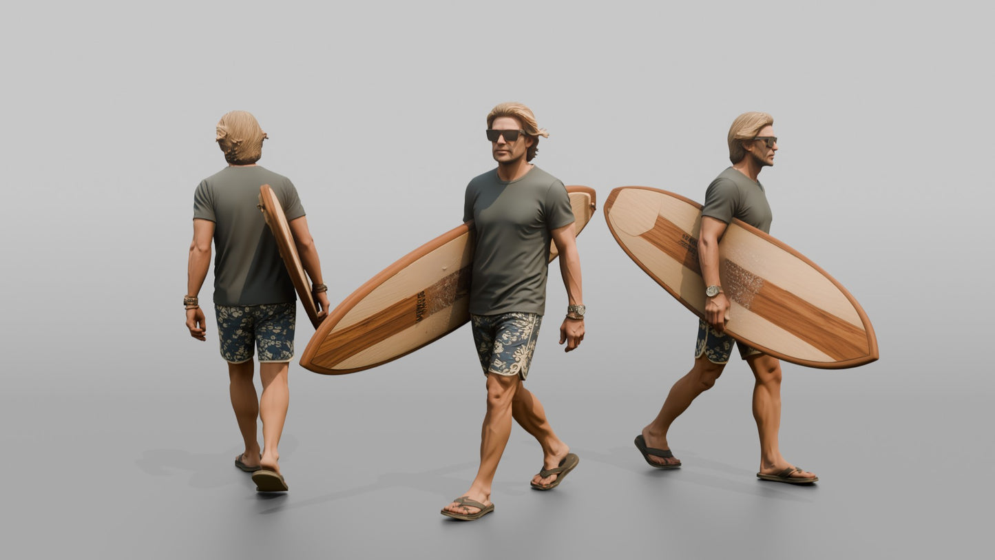 Distinguished Surfer Carrying a Wooden Surfboard
