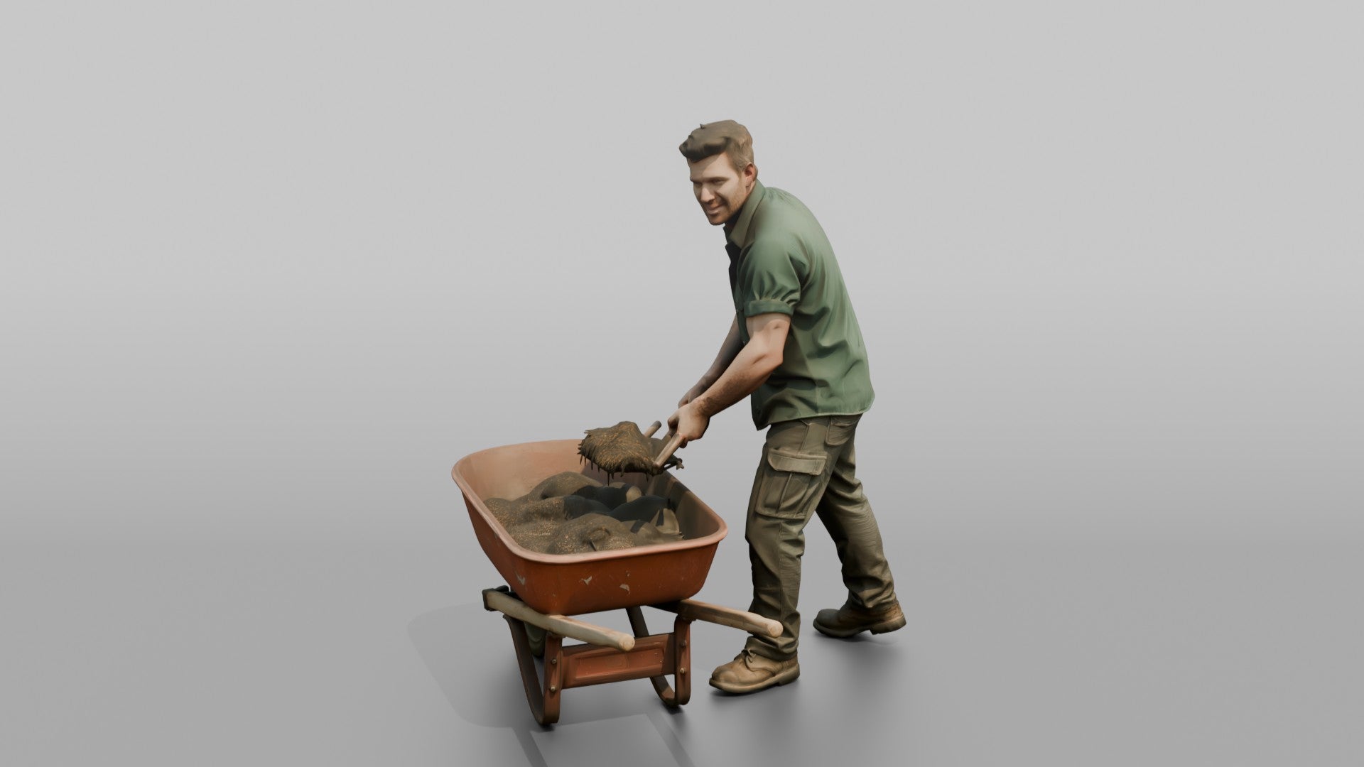 Farmer Shoveling Manure Into Wheelbarrow