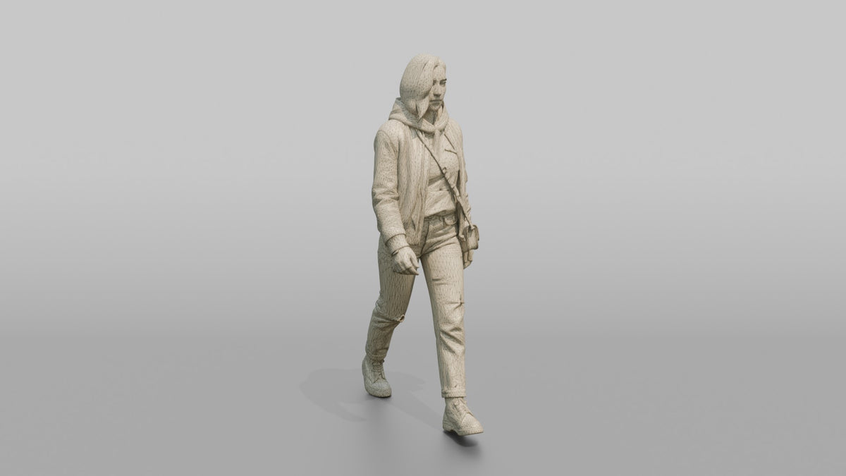 Young Woman in Olive Jacket Walking with Shoulder Bag - wireframe topology preview