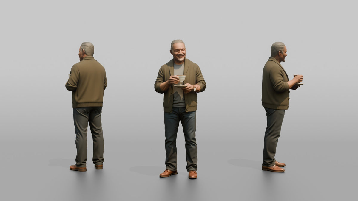 Grandfather Holding A Teacup And Saucer - 3D character model, view 1