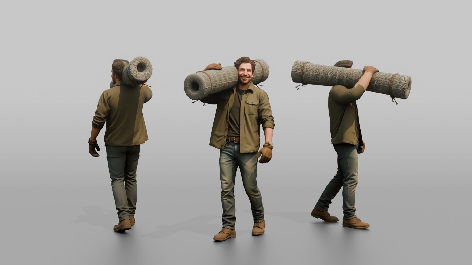 Farmer Carrying Heavy Roll Of Wire Mesh Fencing