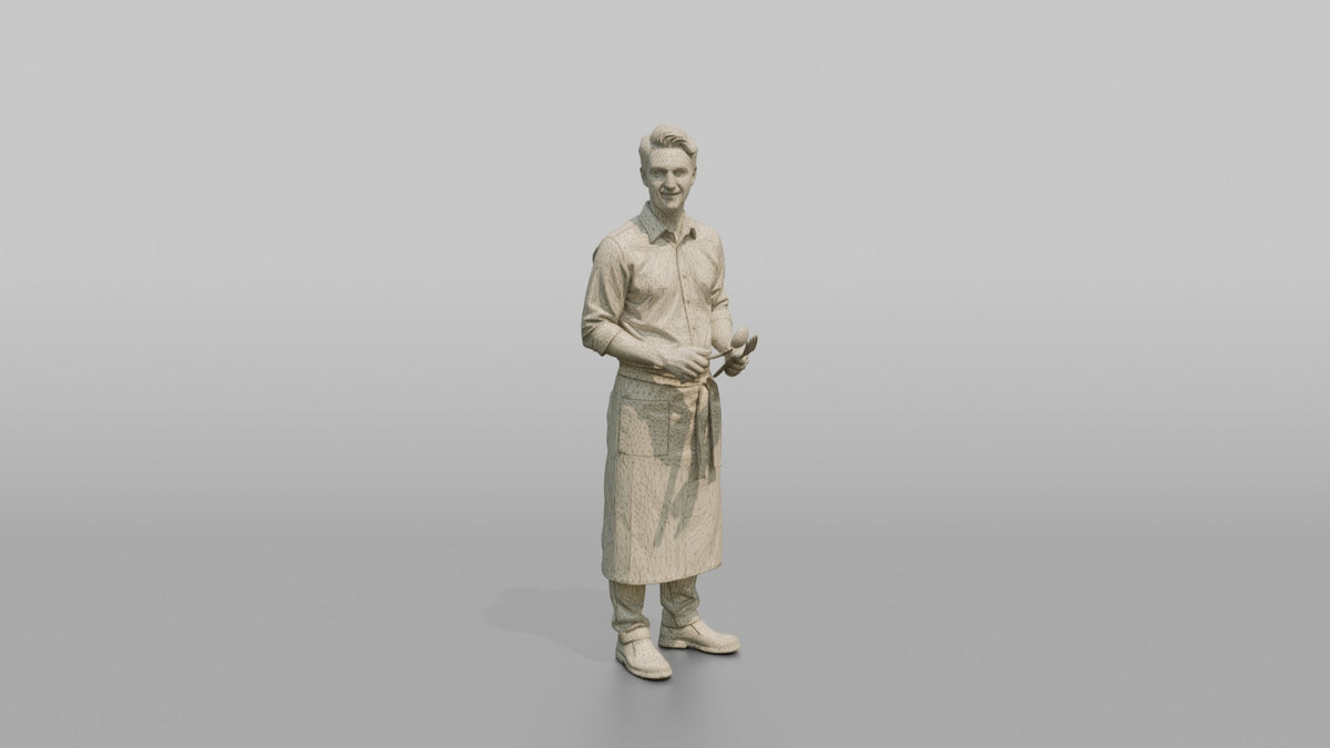 Server Woman Holding A Serving Spoon And Fork - wireframe topology preview