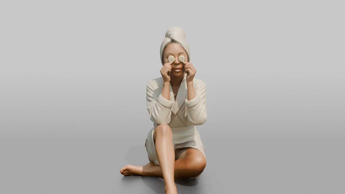 Spa Client Woman Sitting With Cucumber Slices Held Over Closed Eyes - 3D character model, view 5