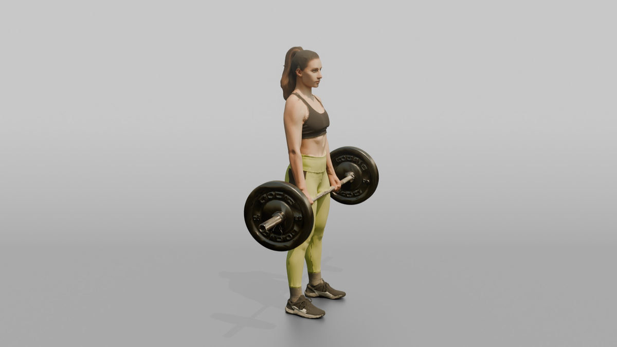 Weightlifter Woman Holding A Loaded Barbell At The Hips Ready To Lift - 3D character model, view 2