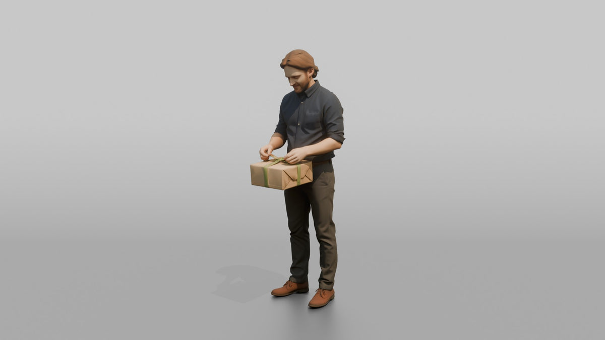 Man Sales Associate Wrapping A Gift Box With Ribbon - 3D character model, view 4