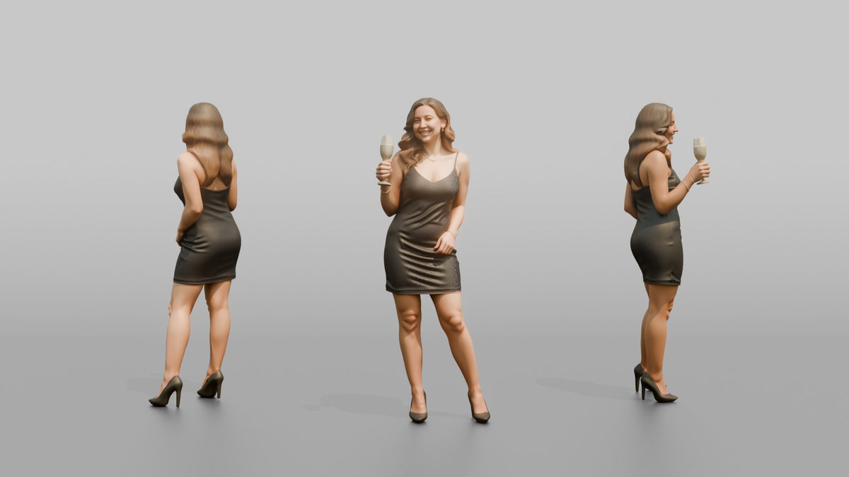 Patron Woman Holding A Champagne Glass, Celebratory Pose - 3D character model, view 1
