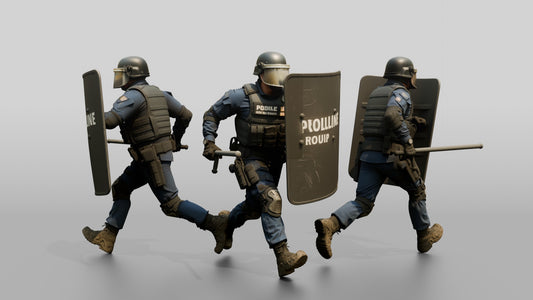 Riot Police Officers Running with Shields