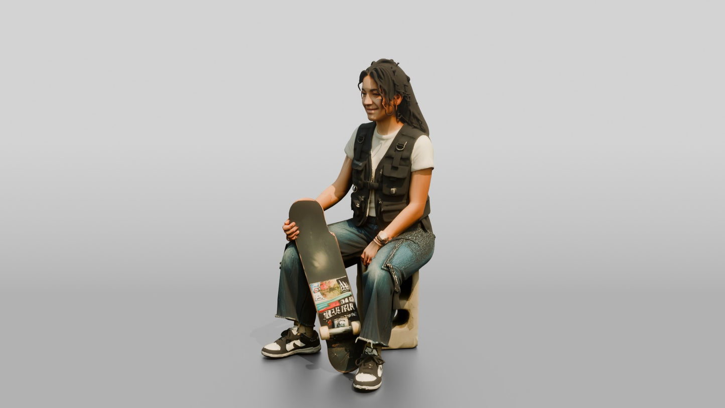 Skater Woman in Utility Vest with Skateboard