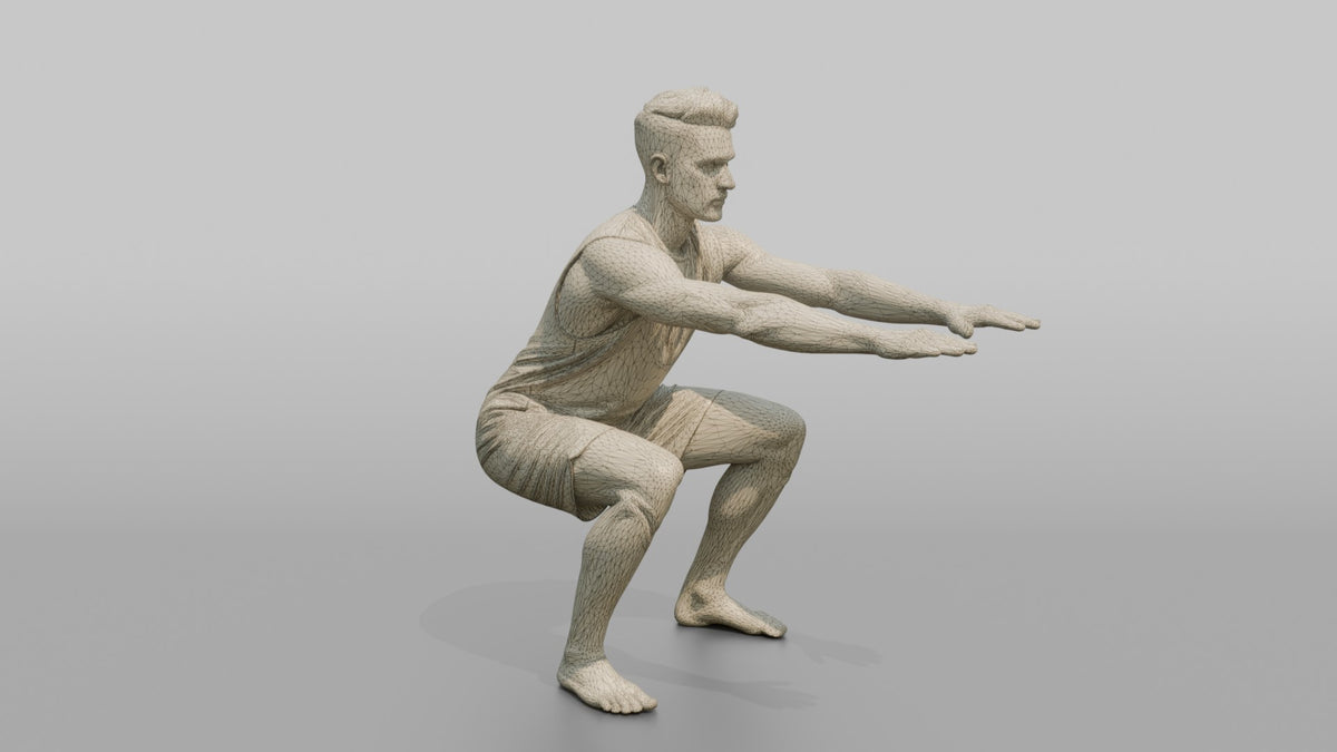 Fitness Influencer Man Holding A Deep Squat Position - wireframe topology preview