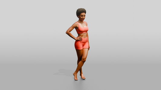 Black Woman in Coral Activewear with Hand on Hip - 3D character model, view 1