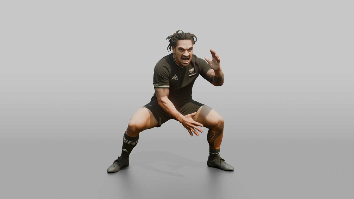 Polynesian Player in a Low Crouch Haka Movement