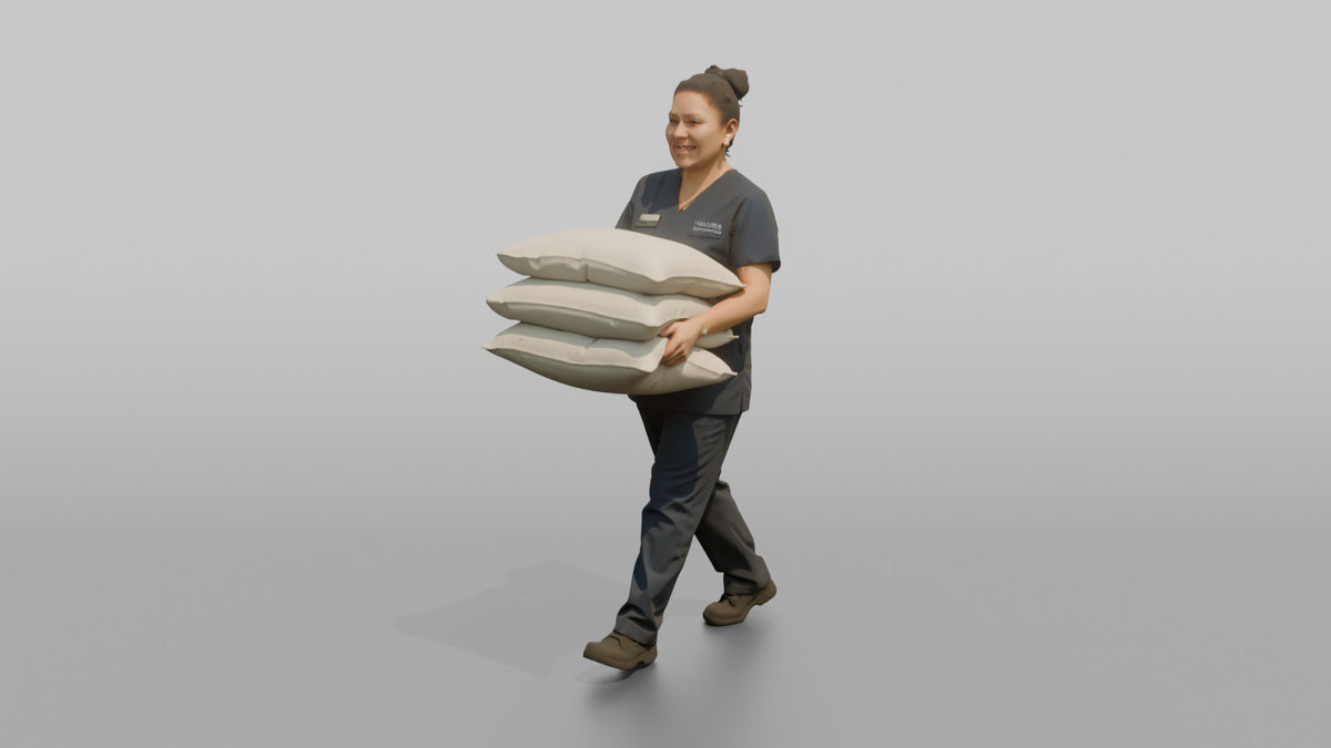 Housekeeping Staff Woman Carrying A Stack Of Pillows - 3D character model, view 5