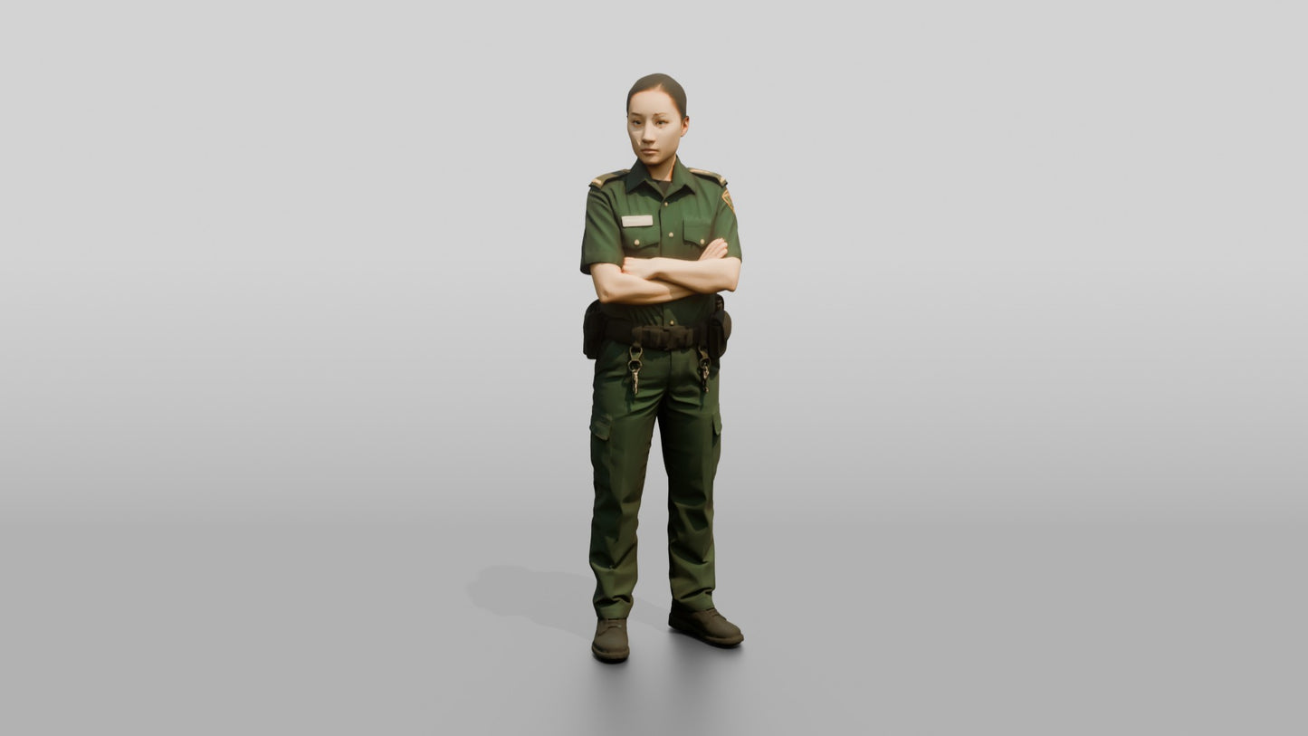 East Asian Female Guard in a Dark Green Guard Uniform