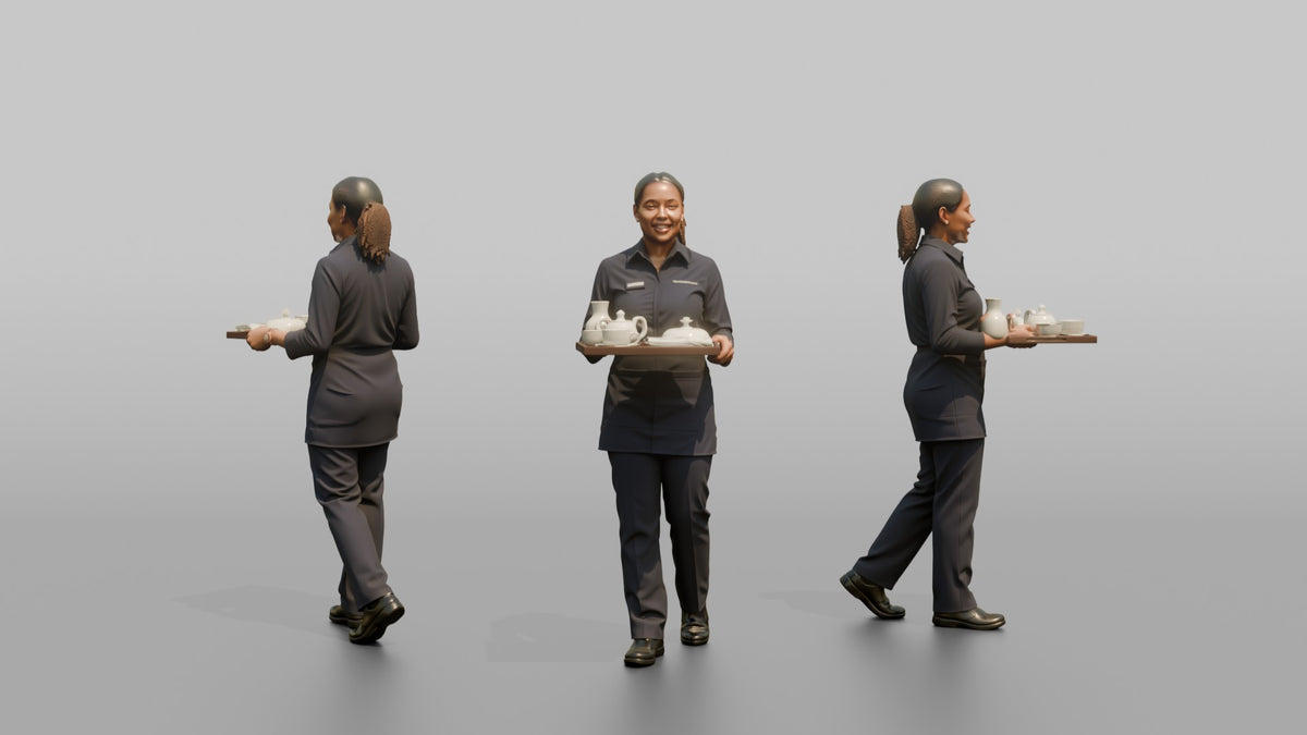 Housekeeping Staff Woman Carrying A Room Service Tray - 3D character model, view 1